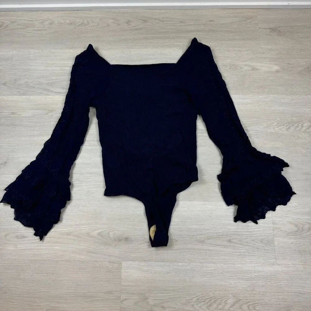 Free People Enchanted By You Bodysuit‎ Womens Medium Navy Ruffle Sleeve V Neck